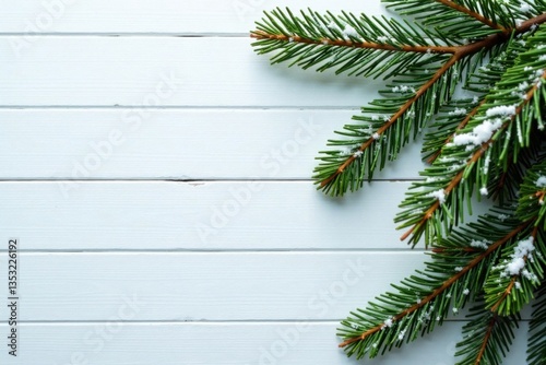 Fir branches with snowfall on wooden white board in a cozy winter scene, holiday, cold, greenery