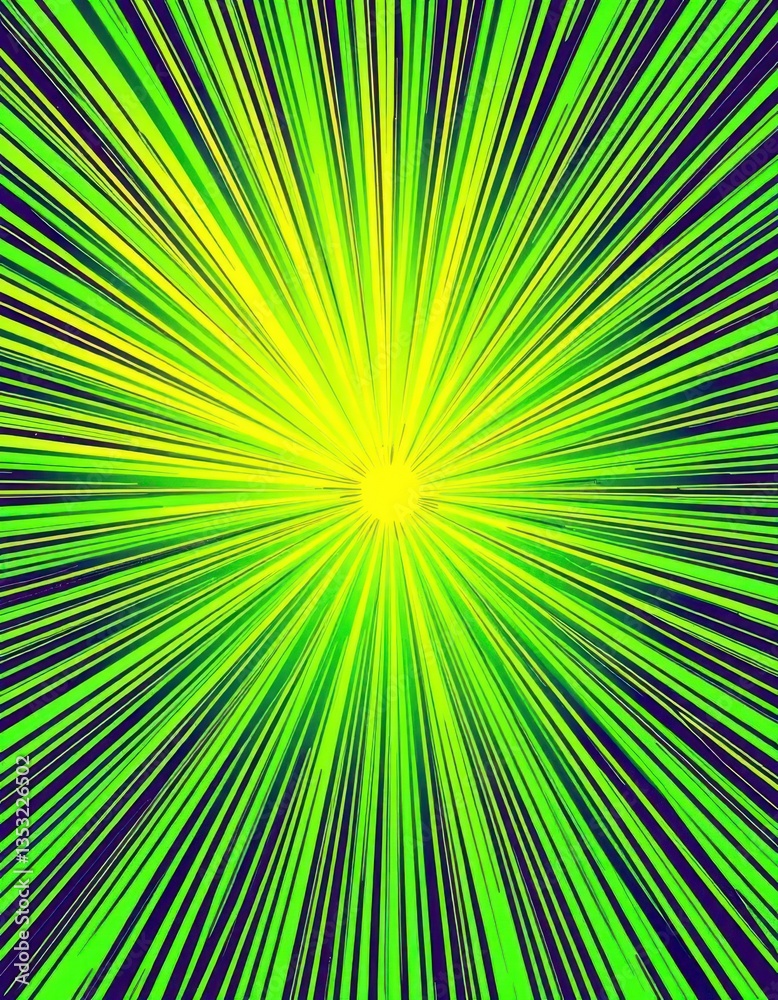 Fototapeta premium Vibrant green sunburst radiating from center, halftone comic book style, hue, illustration