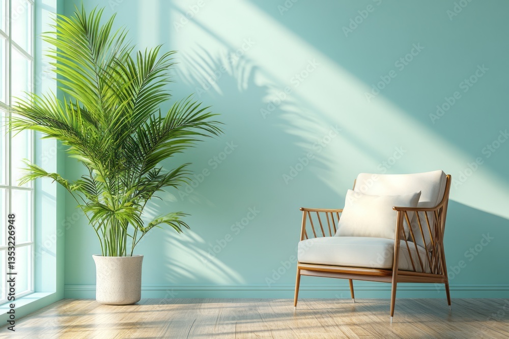 Fototapeta premium Bright living room features palm plant and modern armchair