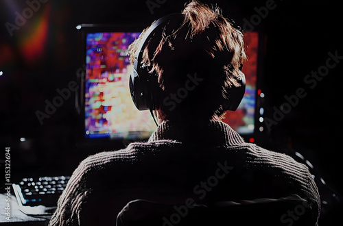 Person Playing Video Game At Night. Focus And Concentration On Screen. Immersion In Digital Entertainment. Evening Atmosphere. Individual Gaming Experience. Casual Gamer. Personal