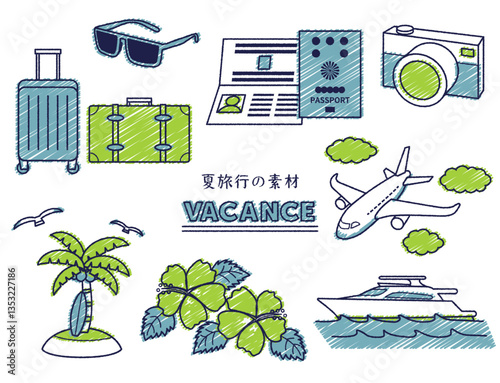 手書き風夏旅行のイラストセット
