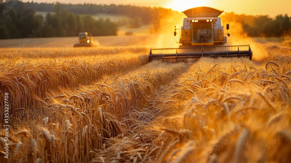 Fototapeta premium Golden wheat harvest at sunset; combine harvesters in field.