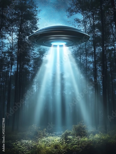 A glowing unidentified flying object hovers above a dark forest
