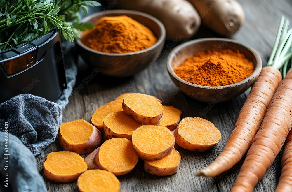 Fresh Root Vegetables And Spices On Wooden Surface Displaying Culinary Preparation Style Dishes With Herbs And Natural Lighting Fresh Root Vegetables And Spices On Wooden Surface Displaying Culinary Preparation Style Dishes With Herbs And Natural Lighting