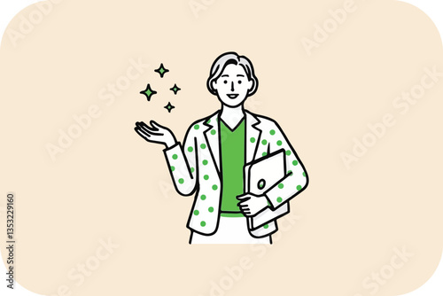 Woman in polka dot suit, presenting with sparkles, digital illustration, light background
