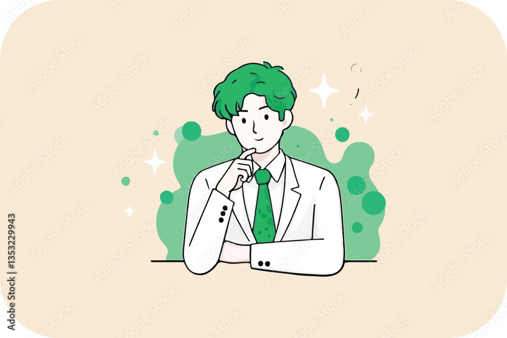 Green-haired man in white suit, pondering, digital illustration, light background. Green-haired man in white suit, pondering, digital illustration, light background.