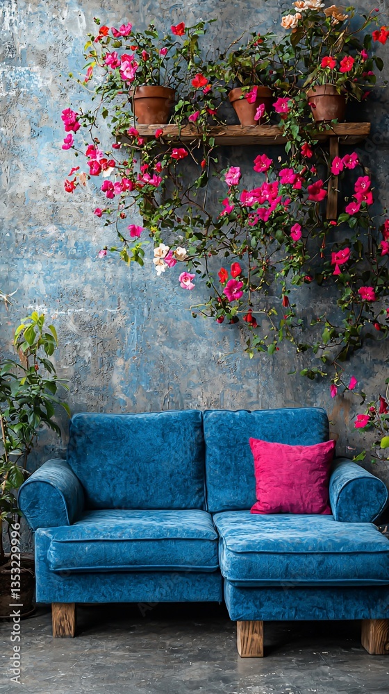 Obraz premium Teal Velvet Chaise Lounge with Blooming Bougainvillea