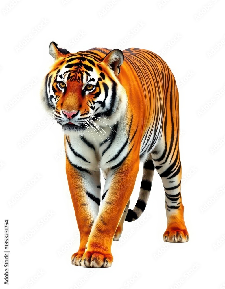 Naklejka premium Majestic Bengal tiger, isolated on pure white backdrop, showcasing its stripes and powerful stance, endangered, jungle