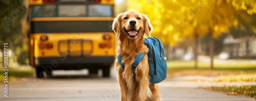 A Golden Retriever ready for school, complete with a backpack and books, next to a school bus