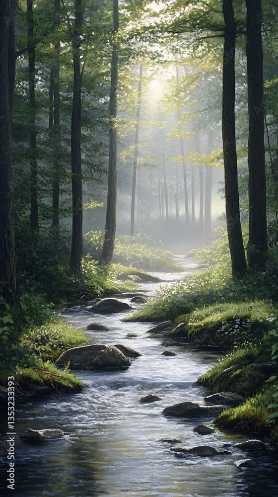Fototapeta premium Misty forest stream sunlight