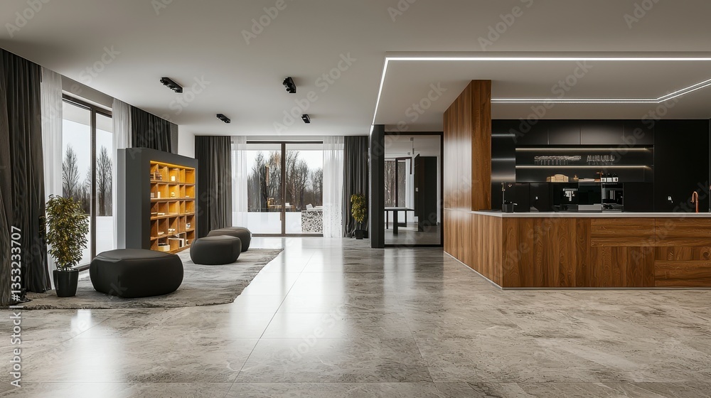 Obraz premium Modern Stylish Living Room and Kitchen with Minimalist Design