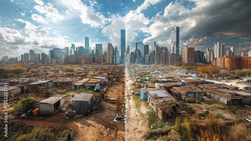 A striking contrast between a vibrant city skyline and a nearby impoverished area, highlighting urban disparity and socio-economic challenges.