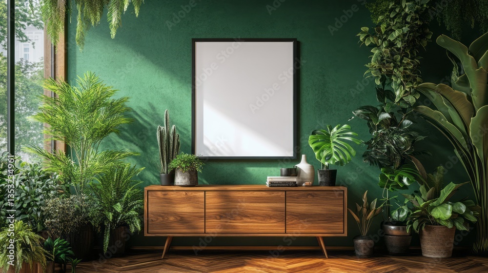 Interior space featuring plants a blank frame and wooden console Interior space featuring plants a blank frame and wooden console