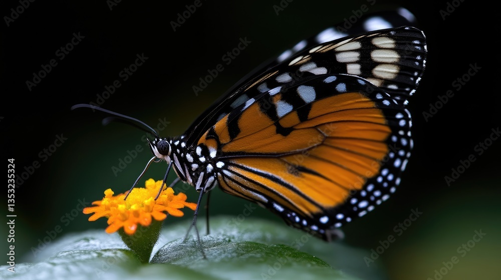 Fototapeta premium Close-up of a butterfly on a flower. Detailed view of wings, proboscis, and delicate legs. Vibrant colors and intricate patterns