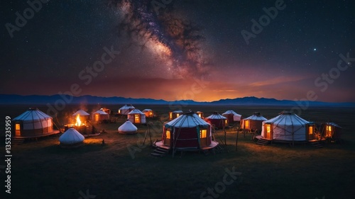 Yurt Village Under a Starry Sky: A Glimpse into Nomadic Traditions and Celestial Beauty photo