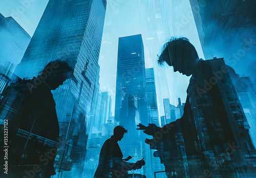 Modern City Group Meeting Silhouette Picture 2024 Digital Artworks Urban Cityscapes Architectural Group Discussion Futuristic Illustration Pixelated Graphic Silhouette