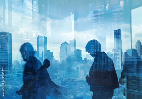 Urban Cityscape With Silhouettes Of People Walking Near Buildings