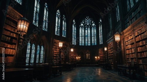 Opulent library showcasing a vast collection of books within gothic architecture