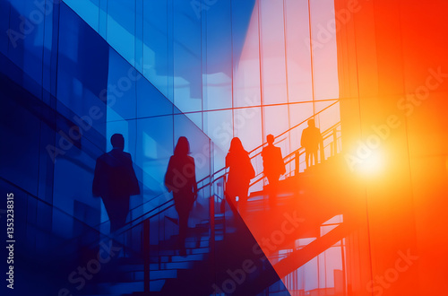 Abstract Silhouettes Of People On Stairs In A City Building in Cityscape Environment with People Moving in a Urban Landscape With City Lights And Movement And Shadows And