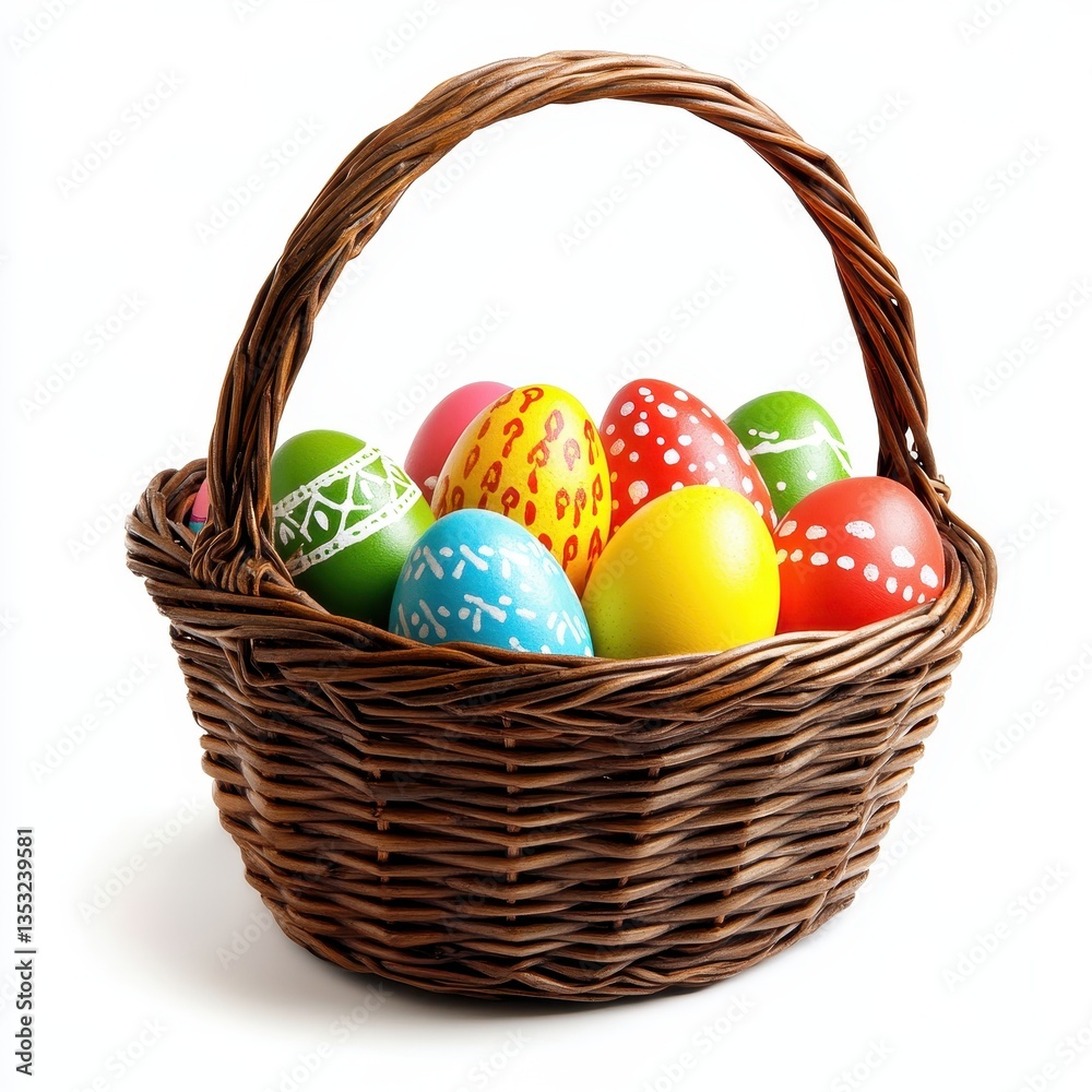Colorful Easter eggs arranged in a woven basket celebrating the joy of the holiday and spring season with intricate designs and bright hues Colorful Easter eggs arranged in a woven basket celebrating the joy of the holiday and spring season with intricate designs and bright hues