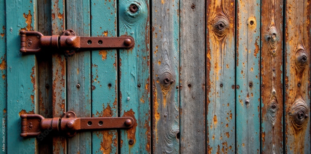 Distressed wooden fence with rusty hinges and old metal gate , distressed, wood Distressed wooden fence with rusty hinges and old metal gate , distressed, wood