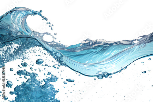 A pristine wave of cool, refreshing water cascading against a white background, sparkling with tiny air bubbles and shimmering light.
