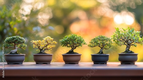 Wallpaper Mural Five miniature bonsai trees in different stages of growth, arranged on a wooden surface against a blurred autumnal background. Torontodigital.ca
