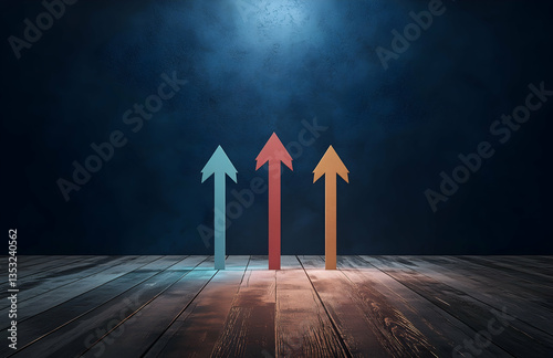 Three Arrows On Wooden Flooring With Spotlights Displaying Growth Potential. Enhanced by Illumination and Modern Design. A Business Concept Motivating Progress and Achievements