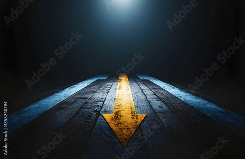 Dark Road With Yellow Arrow And Spotlight