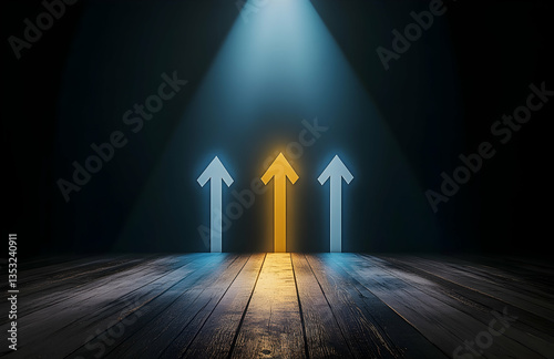 Glowing Upward Arrows On A Dark Wooden Floor With A Spotlight Effect In A Modern Style Graphics Design Illustration Illustration And Graphic Design Illustration And Design With