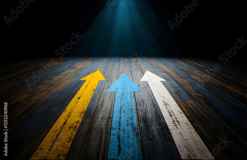 Three Directional Arrows On A Dark Wooden Floor Surface Style Graphic Design with Color Palette Variation of Yellow Blue and White and Abstract Elements Illustration with a Modern