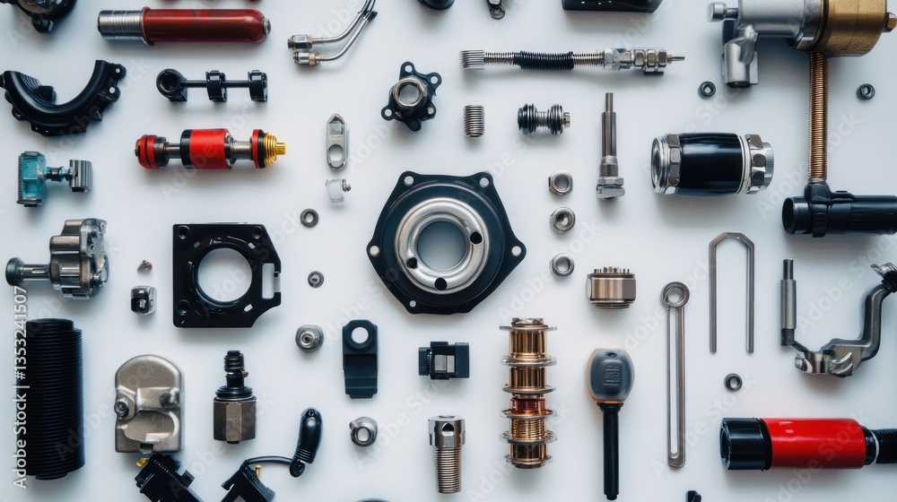 Obraz premium Flat lay of various car parts and tools arranged on white background.