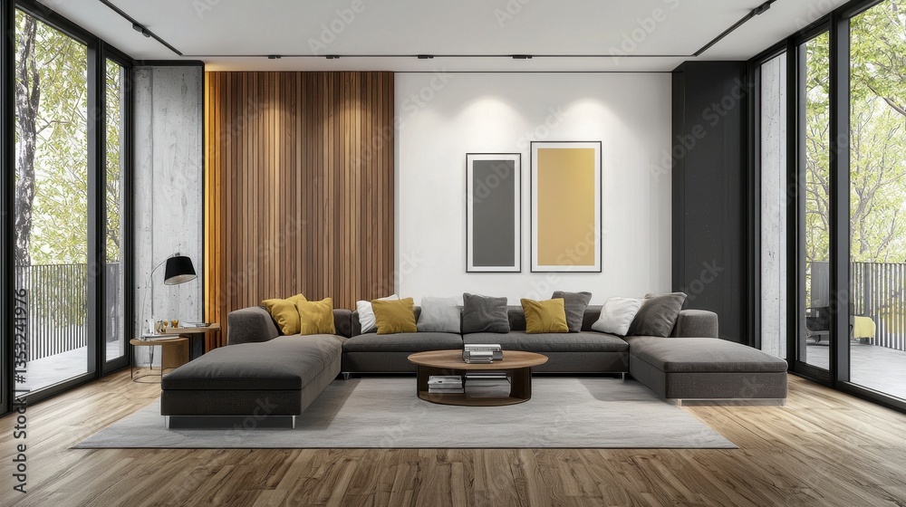 Fototapeta premium Modern Living Room Design with Stylish Sofa and Natural Light