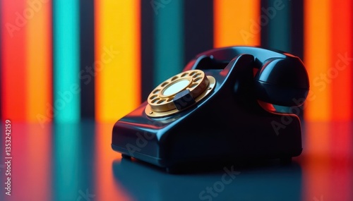 Black bakelite phone against bold striped backdrop , classic, stripes