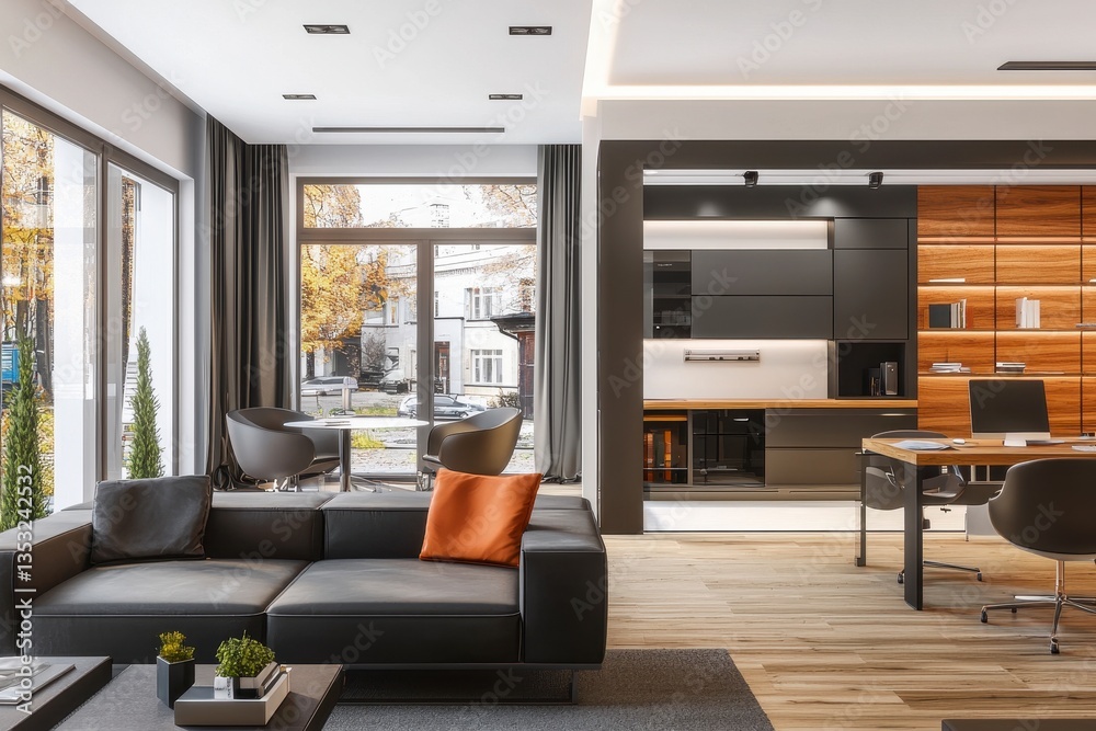 Fototapeta premium Modern Living Room with Stylish Furniture and Open Kitchen Design