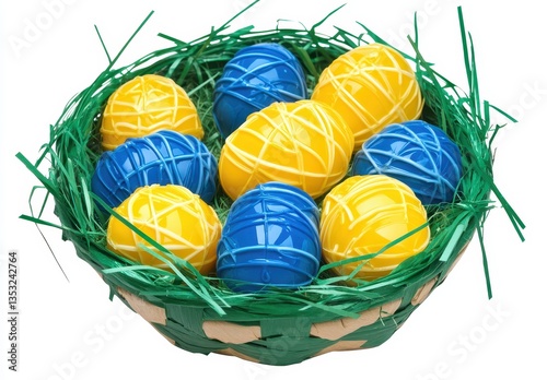 Colorful Easter Eggs in a Green Basket with Decorative Grass, Bright Yellow and Blue Designs for Spring Celebrations and Festive Decor Ideas