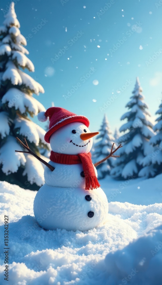 Fototapeta premium Snowman in winter landscape with snow-covered trees and a blue sky, winter, cold