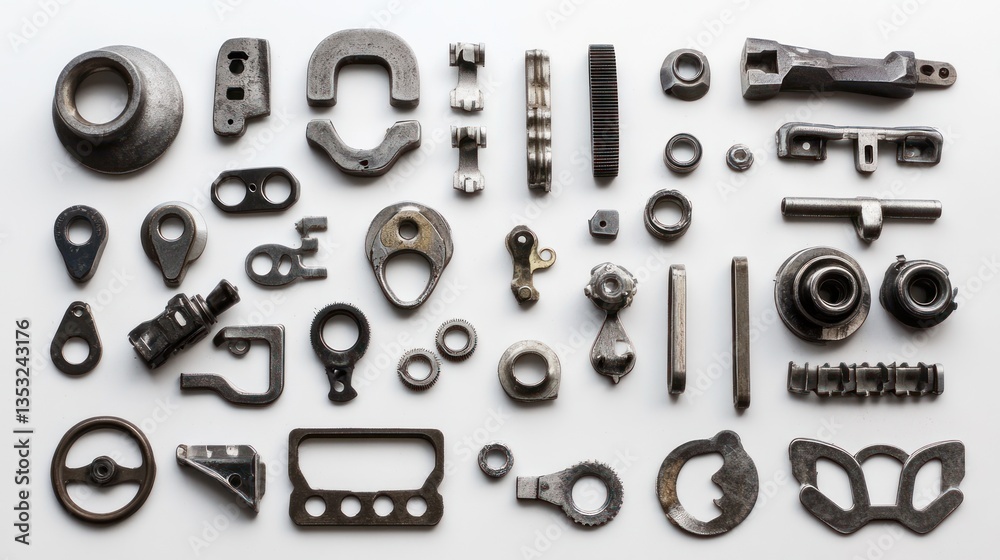 Fototapeta premium Flat lay of various metal parts, components, and pieces on white background.