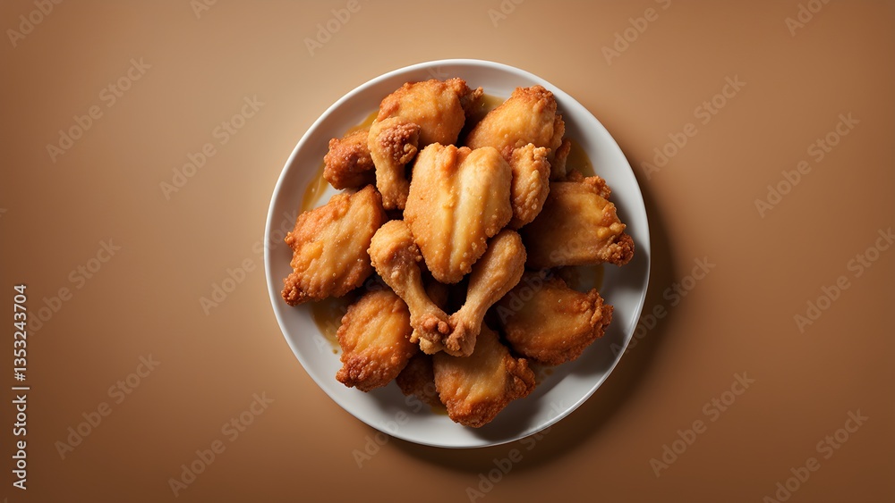 Fototapeta premium A plate crispy, golden-brown fried chicken wings, glistening oil, sits a brown background.