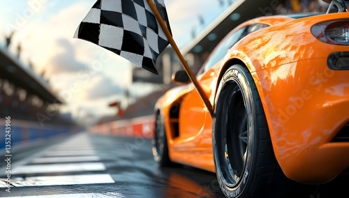 Racing Car At Finish Line With Chequered Flag and Wet Track For Victory Celebration. Fast Racing Car Wins Championship Race On Wet Road. Dynamic Car Performance At Speed. Success