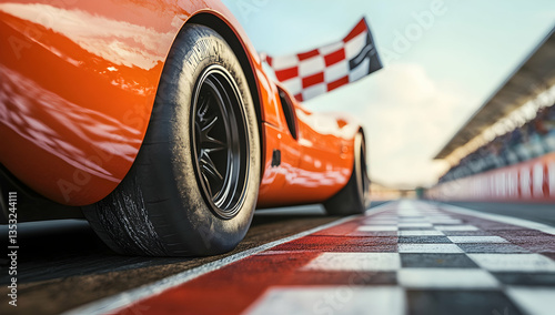 Sports Car Crossing Finish Line At Race Track