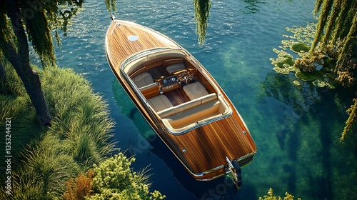 A beautiful wooden boat floats peacefully on calm and clear water