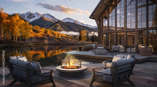 A luxurious lo  cabin with large glass windows photo