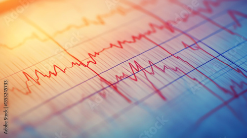 Close-up of an electrocardiogram (ECG) line chart, showing heartbeat lines on paper with a blurred background. photo