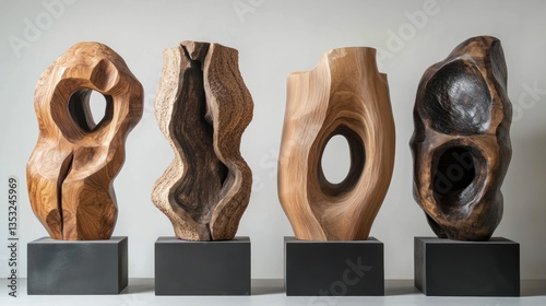 Four abstract wood sculptures on black bases, displayed against a neutral background.