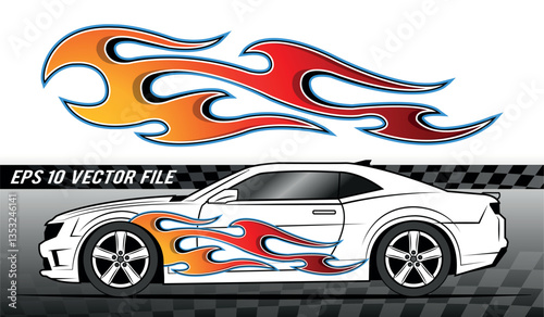 Fire flames racing car decal vector art graphic. Burning tire and flame sports car body side vinyl decal. Side speed decoration for cars, auto, truck, boat, suv, motorcycle.