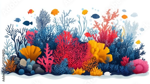 A flat vector coral reef, bright colors and clean shapes, minimalist background