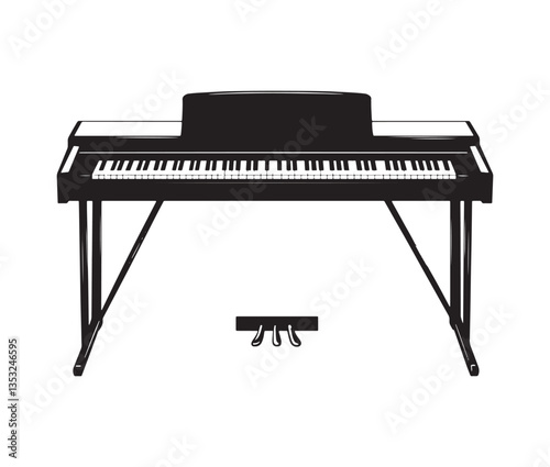 Silhouette piano keys isolated on white. Minimalist digital piano illustration with pedals.