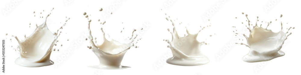 White liquid motions show dynamic splashes streams and pours creating varied shapes White liquid motions show dynamic splashes streams and pours creating varied shapes