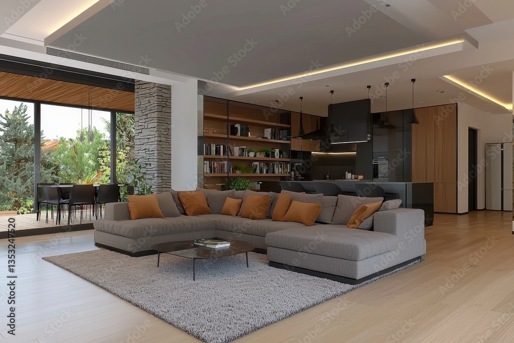 Modern Living Room with Cozy Sofa and Open Kitchen Design Modern Living Room with Cozy Sofa and Open Kitchen Design